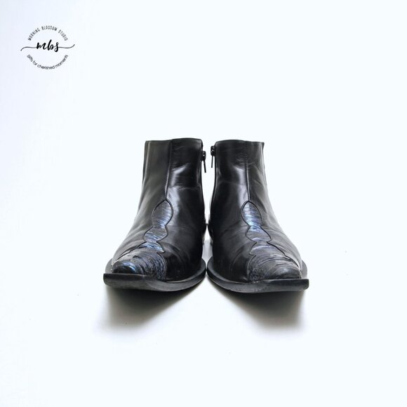 Juno Western Contrast‎ Stitch Croc Pointed Toe Side Zip Ankle Boots Black Men 9 main image 14